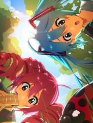  aqua_eyes aqua_hair bread bug commentary drill_hair eating english_commentary food hatsune_miku highres kasane_teto ladybug looking_down red_eyes red_hair tree twin_drills twintails utau vocaloid watermark 