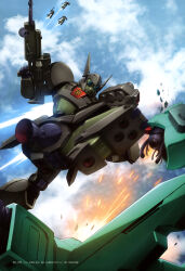  absurdres artist_request battle beam_rifle clouds cloudy_sky crossbone_vanguard debris decapitation den'an_gei destruction duel earth_federation emblem energy_gun flying gundam gundam_f91 gundam_perfect_file highres jegan kicking machinery magazine_scan mecha mecha_focus missile missile_pod mobile_suit motion_blur no_humans official_art promotional_art robot roundel scan scene_reference science_fiction sky space_habitat sparks thrusters traditional_media weapon 