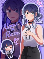  1girl black_choker black_ribbon black_shorts blue_eyes blue_hair caramelo_pudin chainsaw_man chibi choker collared_shirt commentary cosplay english_text hair_bun heart highres kurokawa_akane long_hair one_eye_closed oshi_no_ko purple_background reze_(chainsaw_man) ribbon shirt shorts sleeveless sleeveless_shirt smile solo white_shirt 