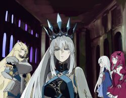  4girls baobhan_sith_(fate) baobhan_sith_(first_ascension)_(fate) barghest_(fate) barghest_(first_ascension)_(fate) blonde_hair blue_eyes crown fate/grand_order fate_(series) green_eyes hair_between_eyes highres ki_wa001 long_hair looking_at_viewer melusine_(fate) melusine_(second_ascension)_(fate) morgan_le_fay_(fate) morgan_le_fay_(queen_of_winter)_(fate) multiple_girls pink_hair pointy_ears ponytail spikes veil very_long_hair white_hair 