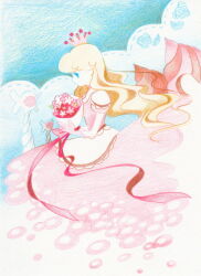  1girl blonde_hair blue_eyes bouquet closed_mouth colored_pencil_(medium) commentary_request crown dress expressionless eyelashes from_side gloves holding holding_bouquet long_hair magicant mother_(series) mother_1 pink_dress pink_gloves puffy_short_sleeves puffy_sleeves queen_mary short_sleeves solo tanba_(tanba-art) traditional_media 
