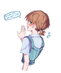  1girl :d blue_dress blue_shirt blush brown_hair chinese_commentary collared_shirt colored_speech_bubble commentary_request dress embarrassed english_text flying_sweatdrops from_behind green_eyes harumiya_yukuri highres ikizulive!_love_live!_bluebird looking_at_viewer looking_back love_live! low_ponytail open_mouth pinafore_dress pinstripe_dress pinstripe_pattern ponytail profile shirt short_ponytail simple_background sleeveless sleeveless_dress smile solo speech_bubble spoken_blush spoken_flying_sweatdrops what_is_my_life?_(love_live!) white_background yrxy_settingsun 