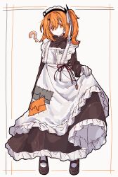  1girl ? a.i._voice adachi_rei alternate_costume apron cable colored_eyelashes commentary_request dress enmaided frilled_apron frilled_dress frills full_body gloves hair_ribbon hairband highres long_dress long_hair long_sleeves looking_to_the_side maid mary_janes okura_0915 one_side_up orange_eyes ribbon shoes skirt_hold solo utau 