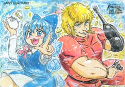  1boy 1girl :d aiming artist_name belt black_belt blonde_hair blue_dress blue_eyes blue_hair blue_skirt blush bow cigar cigarette cirno cobra_(space_adventure_cobra) collarbone colored_eyelashes colored_pencil_(medium) dated dress english_text fingernails gold green_eyes gun hair_bow hair_ribbon hamamiya_kabocha handgun happy_new_year highres holding holding_gun holding_snowman holding_weapon ice ice_wings light_blush metal_wrist_cuffs muscular muscular_male nail_polish pants pinafore_dress pointing pointing_at_viewer pointing_up psychogun red_nails red_pants red_ribbon red_shirt revolver ribbon shirt short_hair short_sleeves signature skirt sleeveless sleeveless_dress smile smoke snowman space_adventure_cobra sparkle sparkle_background sparkling_eyes stuffed_animal stuffed_toy tongue touhou traditional_media weapon white_shirt wings winter wristband 