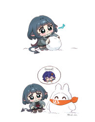  2girls :3 :d animal_ears bangboo_(zenless_zone_zero) belle_(zenless_zone_zero) black_gloves black_shorts blunt_bangs blush chibi chibi_only closed_mouth commentary fingerless_gloves full_body fur-trimmed_sleeves fur_trim gloves green_eyes green_hair grey_jacket grey_shoes highres hue_oo jacket jane_doe_(zenless_zone_zero) long_sleeves mouse_ears mouse_girl mouse_tail multiple_girls open_mouth shoes short_hair shorts simple_background smile snot snowman standing symbol-only_commentary tail twitter_username white_background zenless_zone_zero 