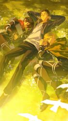  1girl 2boys armin_arlert arms_behind_head bird black_boots black_hair black_jacket black_pants blonde_hair boots brown_hair cloak closed_eyes eren_yeager hair_between_eyes hair_over_one_eye hashtag-only_commentary hood hooded_cloak jacket meadow mikasa_ackerman multiple_boys pants parted_bangs red_scarf scarf shingeki_no_kyojin shirt short_hair white_shirt yun_(dl2n5c7kbh8ihcx) 