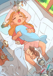  1girl ^^^ animal bird black_cat blanket brown_hair camera cat couch day flying_sweatdrops food glowstick highres holding holding_camera hololive long_hair lying motion_lines multicolored_hair on_back on_couch open_mouth pillow pink_shirt pink_shorts pointy_ears popsicle sasaki_(glass1138) shiranui_flare shirt short_sleeves shorts solo streaked_hair translation_request virtual_youtuber watermelon_bar white_hair window 