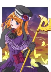  1girl black_gloves black_hat black_skirt blue_eyes blue_hair bob_cut bow bug butterfly capelet dress_bow dress_flower dusk elbow_gloves eva_beatrice flower frilled_capelet frills gloves hand_to_own_mouth hat hat_flower highres holding holding_staff looking_at_viewer orange_hair red_flower red_rose rose sirase_souya skirt sky smile staff umineko_no_naku_koro_ni yellow_butterfly 