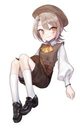  1girl apron ascot beret black_shoes black_socks brown_hair brown_hat brown_shorts brown_vest closed_mouth collared_shirt commentary_request floating full_body hasumi_leia hat highres loafers long_sleeves looking_at_viewer mahou_shoujo_no_majo_saiban official_alternate_costume puffy_long_sleeves puffy_sleeves shirt shoes short_hair shorts simple_background sitting smile socks solo suno_(imydream) treasure_cafe vest waist_apron white_background white_shirt yellow_ascot yellow_eyes 