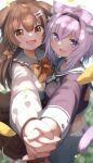  2girls :3 :d ahoge animal_ear_fluff animal_ears arm_around_waist bangs black_hairband blurry blush bone_hair_ornament bow bowtie braid brown_eyes brown_hair cat_ears cat_girl cat_tail crop_top dark_skin depth_of_field dog_ears dog_girl dog_tail fang frilled_shirt_collar frills from_side hair_between_eyes hair_bow hair_ornament hairband highres holding_hands hololive inugami_korone leaf long_hair long_sleeves looking_at_viewer looking_to_the_side medium_hair multiple_girls nekomata_okayu orange_bow orange_bowtie outstretched_arm ponono purple_hair purple_shirt sailor_collar shirt shorts smile tail violet_eyes virtual_youtuber white_sailor_collar white_shirt white_shorts yellow_bow 