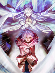  1boy 1girl anastasia_(fate) bags_under_eyes blood blood_from_mouth blue_eyes boots coat doll fate/grand_order fate_(series) floating_hair highres holding holding_doll kadoc_zemlupus kneeling long_hair looking_at_viewer takenoko_seijin very_long_hair viy_(fate) white_hair yellow_eyes 