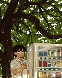 1girl black_eyes black_hair bottle bright_pupils collared_shirt day highres holding holding_bottle looking_at_viewer original outdoors shirt short_hair short_sleeves sihyun25 solo tree vending_machine white_pupils white_shirt 