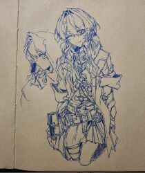  1girl ;) blue_theme coat commentary cropped_legs english_commentary fur-trimmed_coat fur_trim hair_intakes hair_ribbon highres hood hood_down hood_up hooded_coat link!_like!_love_live! long_hair looking_at_viewer love_live! low_twintails miniskirt monochrome monster_hunter_(series) monster_hunter_wilds multiple_views murano_sayaka one_eye_closed open_clothes open_coat pen_(medium) photo_(medium) pleated_skirt ribbon short_sleeves skirt smile traditional_media twintails virtual_youtuber yrxy_settingsun 