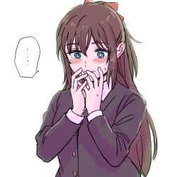  ... 1girl black_jacket blue_eyes blush bow bright_pupils brown_hair collared_shirt commentary flustered hair_bow half_updo jacket long_sleeves love_live! love_live!_nijigasaki_high_school_idol_club nijigasaki_school_uniform osaka_shizuku ponytail red_bow school_uniform shirt solllolll solo speech_bubble spoken_ellipsis sweat upper_body white_pupils white_shirt 