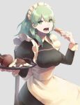 1girl alternate_costume apple apron bangs black_dress breasts byleth_(fire_emblem) byleth_eisner_(female) commentary dress eating english_commentary enlightened_byleth_(female) enmaided fire_emblem fire_emblem:_three_houses food fruit green_eyes green_hair grey_background highres holding holding_tray long_hair long_sleeves looking_at_viewer maid maid_apron maid_headdress medium_breasts miton_(vvse5752) official_alternate_costume open_mouth simple_background solo tray waist_apron white_apron 