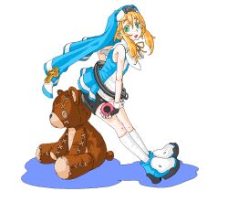  1boy :d ankle_boots arm_at_side arms_between_legs back-to-back bare_arms bare_shoulders bike_shorts black_shorts blonde_hair blue_boots blue_veil blue_vest boots bridget_(guilty_gear) button_eyes buttons colored_shadow cross cross_print floating_clothes from_side full_body green_eyes guilty_gear guilty_gear_xx guimpe hair_between_eyes hand_on_own_hip holding holding_toy kneehighs latin_cross leaning_forward leaning_on_object legs_together long_sidelocks looking_at_viewer male_focus mars_symbol neck_ribbon object_belt open_mouth oversized_object profile ribbon roger_(guilty_gear) shadow shirt short_hair short_hair_with_long_locks shorts sidelocks simple_background sitting sleeveless sleeveless_shirt smile socks standing stitches stuffed_animal stuffed_toy suparu_(detteiu) teddy_bear toy trap turning_head veil vest white_background white_shirt white_socks white_trim yellow_ribbon yo-yo 