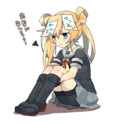  1girl abukuma_(kancolle) abukuma_kai_ni_(kancolle) bike_shorts bike_shorts_under_skirt black_boots blonde_hair blue_eyes blush boots commentary_request double_bun grey_sailor_collar grey_skirt hair_between_eyes hair_bun hugging_own_legs kantai_collection knee_boots long_hair ohagi_(iihatobu05) paper paper_on_head pleated_skirt ribbon sailor_collar school_uniform serafuku short_sleeves simple_background sitting skirt solo squiggle tears translation_request twintails white_background 