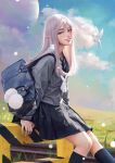  1girl absurdres bag bird clouds cloudy_sky day digele elf english_commentary feet_out_of_frame grass grin highres kneehighs lips looking_at_viewer original planet pointy_ears school_bag school_uniform sitting sky smile solo teeth violet_eyes white_hair 