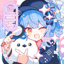  1girl ;d bird black_hat black_jacket blue_hair blush bow braid braided_hair_rings collared_shirt commentary commission dot_nose hair_bow hair_rings hat highres holding holding_magnifying_glass jacket long_sleeves looking_at_viewer magnifying_glass mahou_shoujo_no_majo_saiban one_eye_closed open_mouth portrait shirocha_tei shirt short_hair skeb_commission smile solo sparkle tachibana_sherry twitter_username watermark white_bow white_shirt yellow_eyes 