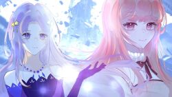  2girls artist_request bare_shoulders bloom_poetry_(shining_nikki) blunt_bangs bow bowtie chinese_commentary closed_mouth clothes_writing commentary_request debris dot_nose dress elbow_gloves expressionless eyelashes eyes_visible_through_hair floating_hair gloves hair_ornament hand_up highres jewelry lens_flare light_smile lips long_hair long_sleeves multiple_girls necklace nikki_(nikki) nikki_(series) pinafore_dress pink_dress pink_eyes pink_hair pink_lips purple_dress purple_gloves purple_hair red_bow red_bowtie ruins second-party_source shining_nikki shirt sleeveless sleeveless_dress star_(symbol) star_hair_ornament star_necklace star_sea_(nikki) strapless strapless_dress turtleneck turtleneck_shirt upper_body very_long_hair violet_eyes white_shirt 