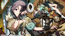  2girls asakura_toru bare_shoulders blue_butterfly blue_eyes bug butterfly column commentary_request earrings egg flower fumage_(idolmaster) hair_ornament idolmaster idolmaster_shiny_colors idolmaster_shiny_colors_song_for_prism jewelry multiple_girls official_art open_door pillar purple_flower purple_hair purple_rose red_nails rose shoes stairs white_shoes yukoku_kiriko 