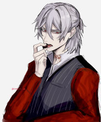  1boy antonio_salieri_(fate) antonio_salieri_(second_ascension)_(fate) artist_name chocolate collared_shirt colored_eyelashes commentary_request fate/grand_order fate_(series) food grey_hair grey_vest hair_between_eyes hair_intakes half_updo hand_up highres holding holding_chocolate holding_food long_sleeves looking_at_viewer male_focus open_mouth pinstripe_pattern pinstripe_vest red_eyes red_sleeves scar scar_on_neck sharp_teeth shirt short_hair simple_background solo sumi_(gfgf_045) teeth tongue twitter_username upper_body vest white_background white_shirt 
