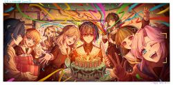  6+girls :d ;d absurdres ahoge anyoji_hime aqua_neckerchief arm_up birthday birthday_cake birthday_party black_hair blonde_hair blue_eyes blue_hair blunt_bangs blunt_ends bob_cut border braid brown_dress brown_hair cake candle center-flap_bangs ceras_yanagida_lilienfeld character_name clenched_hand clubroom commentary curtained_hair dress facial_recognition fangs flower food gradient_hair green_eyes grey_hair hair_flower hair_ornament hair_ribbon happy_birthday hasu_no_sora_school_uniform highres hinoshita_kaho holding hood hooded_jacket in-universe_location indoors jacket jellyfish_cut kachimachi_kosuzu katsuragi_izumi link!_like!_love_live! long_hair long_sleeves love_live! medium_dress momose_ginko multi-tied_hair multicolored_hair multiple_girls murano_sayaka neckerchief one_eye_closed open_clothes open_jacket open_mouth orange_eyes orange_hair osawa_rurino parted_bangs party_popper picture_frame pink_flower pink_hair pink_jacket pink_ribbon pleated_dress ponytail raised_fist red_eyes red_neckerchief ribbon sailor_collar sailor_dress school_uniform short_hair side_braids sidelocks smile streamers teeth turtleneck twintails upper_teeth_only v virtual_youtuber w white_border white_sailor_collar whiteboard winter_uniform yellow_neckerchief yrxy_settingsun 