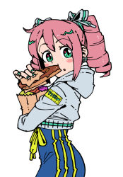  1girl bag blue_nails blue_pants blush_stickers bow bow_earrings commentary_request cropped_hoodie cropped_jacket drill_hair earrings eating eyelashes food_in_mouth grey_hoodie hair_bow hanabishi_haruka high-waist_pants hood hoodie jewelry looking_at_viewer mahou_shoujo_ni_akogarete ononaka_akihiro pants paper_bag simple_background solo twin_drills white_background 