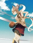  1girl absurdres armpits bangs basket basketball basketball_jersey blue_sky bow chain-link_fence clouds cropped_legs dribbling_(basketball) fence fujiwara_no_mokou furrowed_brow grey_hair hair_bow highres holding holding_basket kneehighs naufaldreamer open_mouth outdoors playing_sports red_eyes red_shorts running shirt shorts sidelocks sky sleeveless smile solo sportswear sweat teeth touhou white_bow white_hair white_shirt 