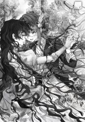  2girls :d artist_request bush coat commentary_request commission dress eye_contact face-to-face feather_hair_ornament feathers floating_hair glasses gloves gown greyscale hair_ornament highres holding_hands interlocked_fingers isolde_(reverse:1999) juliet_sleeves kakania_(reverse:1999) kakania_(seminars_on_serenity)_(reverse:1999) long_hair long_sleeves looking_at_another monochrome multiple_girls official_alternate_costume open_mouth pillar profile puffy_sleeves reverse:1999 round_eyewear second-party_source shirt smile statue yuri 