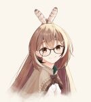  1girl absurdres ahoge bangs bespectacled brown_capelet brown_cloak brown_eyes brown_hair capelet cloak feather_hair_ornament feathers glasses hair_ornament hairclip hieroglyphics highres hololive hololive_english long_hair looking_at_viewer mr_cookiew multicolored_hair nanashi_mumei ponytail ribbon shirt smile streaked_hair very_long_hair virtual_youtuber white_shirt 