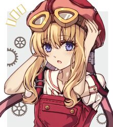 1girl blonde_hair blue_eyes blush eiyuu_densetsu goggles goggles_on_head goggles_on_headwear hair_between_eyes naked_shirt open_mouth overalls red_overalls shirt simple_background sora_no_kiseki tita_russell tool_belt toolbox tools yukiko_(leovioykk) 