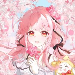  >_< 1girl ahoge bare_shoulders bead_necklace beads black_bow black_ribbon blue_sky blush_stickers bow bowtie bra_strap brown_eyes bug butterfly cherry_blossoms choker cloak commentary_request day dengruzhou03216 dot_nose ear_covers eyelashes floating_hair flower frilled_sleeves frills hair_bow hair_intakes hair_ribbon happy highres holding holding_flower hood hood_up hooded_cloak infinity_nikki jewelry light_blush long_hair long_sidelocks long_sleeves low_twintails momo_(nikki) neck_ribbon necklace nikki_(nikki) nikki_(series) off-shoulder_shirt off_shoulder open_mouth outdoors perfect_start_(infinity_nikki) pink_choker pink_flower pink_hair puffy_long_sleeves puffy_sleeves red_bow red_bowtie ribbon ribbon_choker shirt sidelocks single_stripe sky smile solo spring_(season) striped_choker striped_ribbon traditional_bowtie tress_ribbon twintails upper_body very_long_hair wavy_hair white_shirt wind_chime yellow_cloak 