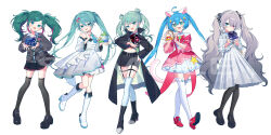  +_+ 25-ji_miku 5girls :3 :d absurdres animal_ears aqua_eyes aqua_hair aqua_nails bare_shoulders belt black_belt black_boots black_bow black_coat black_pantyhose black_shoes black_shorts black_skirt blue_hair boots bow cardigan cat_ears cat_girl cat_tail chest_bow chu!_future_express!_(vocaloid) coat coattails collared_shirt commentary_request detached_sleeves double_bun dress floral_print frilled_dress frills full_body gradient_clothes gradient_dress gradient_sleeves green_eyes green_hair grey_cardigan grey_dress grey_hair grey_sleeves grey_thighhighs hair_between_eyes hair_bow hair_bun hair_ornament hairclip hand_on_own_hip hands_up hatsune_miku heterochromia high_heels highres holding holding_toy knee_boots leo/need_miku long_hair long_sleeves looking_at_viewer midriff more_more_jump!_miku multicolored_hair multiple_girls multiple_persona navel official_art open_clothes open_coat open_mouth pantyhose pink_bow pink_dress pink_eyes pink_streaks pleated_skirt project_sekai red_shoes sample_watermark shirt shoes short_dress shorts sidelocks simple_background skirt smile standing star_(symbol) star_hair_ornament streaked_hair striped_bow swept_bangs tail thigh-highs toy toy_train twintails twintails_with_braided_base very_long_hair vivid_bad_squad_miku vocaloid waka_(wk4444) watermark white_background white_boots white_dress white_shirt white_skirt white_sleeves white_thighhighs wide_sleeves wonderlands_x_showtime_miku x_hair_ornament zettai_ryouiki 