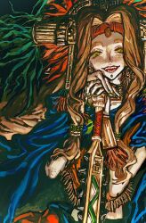  1girl aztec biioon blonde_hair chin_piercing club_(weapon) face_piercing fate/grand_order fate_(series) green_eyes green_nails hand_on_hilt headdress highres jewelry labret_piercing long_hair looking_at_viewer open_mouth piercing poncho quetzalcoatl_(fate) sharp_teeth smile solo spiked_club teeth upper_body weapon 