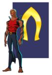  1boy aqualad arm_tattoo barefoot belt blonde_hair bodysuit closed_mouth dark-skinned_male dark_skin dc_comics gills highres jerome-k-moore looking_at_viewer superhero tattoo teenage webbed_hands young_justice 