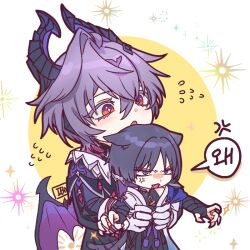  2boys 49ibo240 anger_vein animal_ears artist_name black_bridal_gauntlets black_coat black_horns black_shorts black_sleeves blue_cape blue_sleeves blunt_ends border bridal_gauntlets bright_pupils cape cat_boy cat_ears claws coat colored_eyelashes crossed_bangs diamond-shaped_pupils diamond_(shape) dragon_horns dragon_wings eyelashes eyeliner eyeshadow facial_mark fangs flying_sweatdrops forehead_mark frown furrowed_brow genshin_impact gloves hair_between_eyes hands_on_another's_hips holding holding_mini_person horns japanese_clothes kimono korean_text layered_sleeves long_sleeves looking_at_another looking_to_the_side makeup mandarin_collar mini_durin_(genshin_impact) mini_durin_(human)_(genshin_impact) mini_person miniboy multiple_boys open_clothes open_coat open_hands orange_eyes outstretched_arms purple_hair purple_horns purple_vest purple_wings red_eyeliner red_eyeshadow scaramouche_(genshin_impact) short_sleeves shorts shoulder_peek speech_bubble spread_arms symbol-shaped_pupils tareme translation_request two-sided_horns vest violet_eyes wanderer_(genshin_impact) white_border white_gloves white_kimono white_pupils white_sleeves wings wispy_bangs yellow_background 
