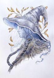  1girl blue_eyes blue_hair blue_skin cape cloak colored_skin cracked_skin elden_ring english_commentary falling_leaves from_side fur_cape hat highres leaf liuyuart long_hair making-of_available painting_(medium) portrait ranni_the_witch solo traditional_media twitter_username watercolor_(medium) white_background witch witch_hat 