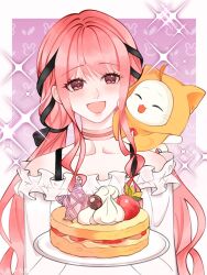  1girl ^_^ absurdres animal animal_on_shoulder bare_shoulders birthday birthday_cake black_bow black_ribbon border bow bowtie bra_strap brown_eyes cake cat cat_on_shoulder chinese_commentary choker cloak closed_eyes clothed_animal collarbone commentary_request cropped_torso ear_covers eyelashes food frilled_shirt frills fruit gradient_background hair_bow hair_ribbon highres hood hood_up hooded_cloak icing infinity_nikki light_blush long_hair long_sidelocks long_sleeves momo_(nikki) nikki_(nikki) nikki_(series) off-shoulder_shirt off_shoulder open_mouth outside_border pink_background pink_choker pink_hair rabbit_background red_bow red_bowtie ribbon shirt sidelocks single_stripe smile sparkle star_(symbol) strawberry strawberry_shortcake striped_choker tress_ribbon very_long_hair wavy_hair whimstar_(infinity_nikki) whiskers white_border white_cat white_shirt yarn yellow_cloak yexian82411 