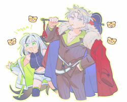  1boy 1girl belt black_hair cigarette clothes_over_shoulder coat coat_on_shoulders commentary crop_top cropped_shirt fate/grand_order fate_(series) fur-trimmed_coat fur_trim green_eyes green_jacket hand_fan hand_in_pocket jacket multicolored_coat multicolored_hair multicolored_jacket nagao_kagetora_(fate) navel oneroom-disco open_mouth over_shoulder pants pinstripe_jacket pinstripe_pants pinstripe_pattern pinstripe_suit red_coat shorts simple_background single_thighhigh striped_clothes striped_jacket striped_suit suit symbol-only_commentary takeda_shingen_(fate) takeda_shingen_(first_ascension)_(fate) thigh-highs thigh_strap two-tone_coat two-tone_hair two-tone_jacket uesugi_kenshin_(second_ascension)_(fate) unlit_cigarette_in_mouth vertical-striped_suit war_fan weapon weapon_over_shoulder white_background white_belt white_hair white_jacket white_shorts 