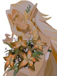  1girl a15179222 arm_markings bags_under_eyes blonde_hair bouquet closed_mouth commentary_request dress earrings facial_mark flower green_eyes highres holding holding_bouquet jewelry light_smile long_hair magatama magatama_necklace necklace parted_bangs pointy_ears sidelocks solo sonia_(zelda) strapless strapless_dress sundelion the_legend_of_zelda the_legend_of_zelda:_tears_of_the_kingdom upper_body white_background white_dress white_nails yellow_flower 