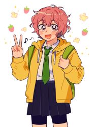  1girl antenna_hair backpack bag bike_shorts bike_shorts_under_skirt black_shorts black_skirt blush collared_shirt commentary_request eighth_note green_necktie highres hood hooded_jacket jacket korean_commentary long_sleeves looking_at_viewer messy_hair musical_note necktie open_clothes open_jacket open_mouth original pink_eyes pink_hair pleated_skirt shirt short_hair shorts sihyun25 simple_background skirt smile v white_background white_shirt yellow_jacket 