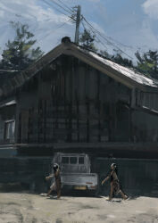  2girls absurdres bare_arms bare_legs barefoot black_hair blue_sky brown_dress cabin clouds commentary_request dark-skinned_female dark_skin day dress faux_traditional_media highres katakai kei_truck long_dress long_hair motor_vehicle multiple_girls oil_painting_(medium) original outdoors painting_(medium) pickup_truck power_lines scenery sky sleeveless sleeveless_dress traditional_media tree truck wide_shot 