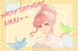  1girl armor breastplate brooch brown_eyes character_name chinese_commentary collar commentary_request detached_collar dot_nose dress english_text eyelashes hair_bun hair_intakes happy happy_birthday heart heart_brooch highres infinity_nikki jewelry lace_collar lile2225 looking_at_viewer loose_hair_strand melody_bloom_(infinity_nikki) nikki_(nikki) nikki_(series) off-shoulder_dress off_shoulder origami paper_crane parted_lips picture_frame pink_hair short_hair_with_long_locks short_sleeves sidelocks single_hair_bun smile solo swept_bangs tiara updo upper_body wavy_hair white_collar white_dress yellow_background 