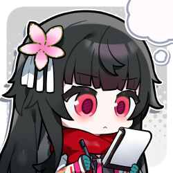  1girl :< artist_request black_hair chibi chibi_only girls'_frontline_2:_exilium girls_frontline hair_ornament holding holding_notepad holding_pen lowres notepad official_art pen red_eyes red_scarf sakura_(girls'_frontline_2) scarf second-party_source solo speech_bubble thought_bubble type_100_(girls'_frontline) 