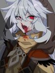  1boy bishounen blood bone_necklace eyebrows_visible_through_hair fang genshin_impact grey_hair highres hood hoodie jewelry long_hair male_focus necklace open_mouth razor_(genshin_impact) red_eyes scar scar_on_face slit_pupils solo upper_body user_rcmr8424 