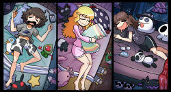  3girls animal_print animal_slippers bed black_shorts blonde_hair bowl bowl_hat brown_hair bunny_slippers clenched_hand closed_eyes drooling gap_(touhou) glasses grey_shirt hat highres holding holding_pillow kaenbyou_rin kevin_arthur lying maribel_hearn mouth_drool multiple_girls notebook on_bed on_side open_mouth panda_slippers pillow shirt shorts sleeping sleepwear slippers squeans stuffed_animal stuffed_axolotl stuffed_panda stuffed_penguin stuffed_star stuffed_tapir stuffed_toy touhou ufo_print unworn_eyewear unworn_headwear usami_renko usami_sumireko window zebra_print zzz 
