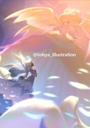  2girls absurdly_long_hair absurdres angel angel_wings beak bird_girl blonde_hair commentary dress english_commentary furry furry_female glowing glowing_eyes halo hazbin_hotel hellaverse highres long_hair multiple_girls sera_(hazbin_hotel) speaker_of_god_(hazbin_hotel) tobya_illustration very_long_hair white_dress white_hair wings 