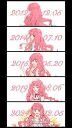  1girl absurdres backpack bag bare_arms bare_shoulders bead_necklace beads beret black_border black_bow black_ribbon bloom_poetry_(shining_nikki) border bow bow_choker bowtie braid brown_eyes buttons center_frills choker closed_mouth clothes_writing collarbone collared_shirt covered_collarbone dated dress expressionless eyelashes eyes_visible_through_hair floating_hair floral_print flower flower_necklace food_print frilled_shirt frilled_shirt_collar frilled_sleeves frills from_behind fruit_print fur_hat hair_bow hair_ribbon happy hat highres infinity_nikki jewelry light_blush long_hair long_sidelocks long_sleeves looking_at_viewer looking_back low_twin_braids low_twintails miracle_nikki necklace nikki_(nikki) nikki_(series) nikki_up2u nikki_up2u2:_world_traveller off-shoulder_shirt off_shoulder offering_hand open_mouth parted_lips perfect_start_(infinity_nikki) pinafore_dress pink_bow pink_bowtie pink_choker pink_dress pink_flower pink_hair pink_rose plaid_clothes plaid_dress pointy_nose print_dress red_bow red_bowtie release_date ribbon rose rose_print see-through_clothes see-through_shirt sequential shining_nikki shirt sidelocks sleeveless sleeveless_dress sleeveless_shirt smile snowflake_necklace snowflakes straight-on strawberry_print suspenders teeth tress_ribbon twin_braids twintails upper_teeth_only very_long_hair waving wavy_hair white_background white_bag white_dress white_hat white_shirt yellow_bow yellow_shirt yukina_(xuenaiqianying719) 