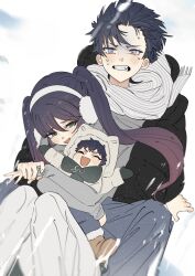  1girl 2boys alternate_universe animal_ear_hood aqua_eyes arms_at_sides arms_up asymmetrical_bangs bangs_pinned_back black_hair black_hood black_jacket black_mittens black_mouth black_sleeves blunt_bangs blunt_ends blurry blush boots brown_boots clenched_teeth depth_of_field drawstring earmuffs eyelashes facing_up family fang fingernails fringe_trim fur-trimmed_pants fur_trim genshin_impact gradient_hair grey_eyes grey_pants grey_shirt grey_sleeves hair_between_eyes hand_grab hetero highres hood hood_down hood_up hooded_jacket hug hug_from_behind if_they_mated jacket knees_together_feet_apart long_hair long_sleeves looking_at_another looking_at_viewer mittens mona_(genshin_impact) multicolored_hair multiple_boys open_clothes open_jacket outdoors padded_jacket pants pink_hair scaramouche_(genshin_impact) scarf shirt sidelocks sitting sitting_between_lap skin_fang snow striped_clothes striped_scarf swept_bangs teeth tsurime turn_pale twintails undershirt white_hood white_jacket white_pants white_scarf winter_clothes ysnden 